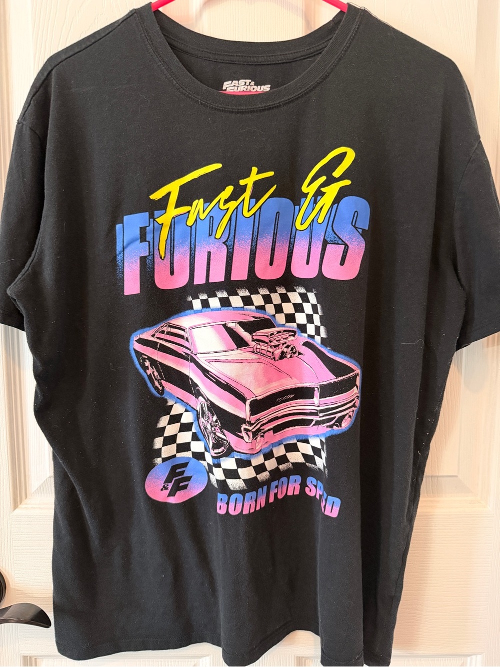 Black Graphic Tee with Pink Car Print